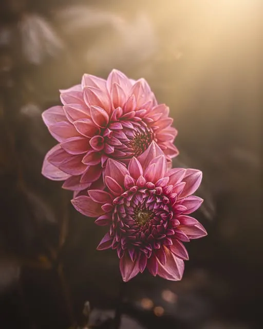 Two layered pink dahlias lit from behind by warm golden light