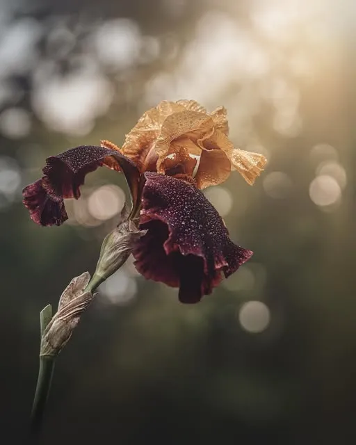 A bronze and burgundy bearded iris on a tall stem in muted green light