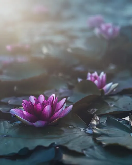 Pink water lilies resting on dark green lily pads on still water